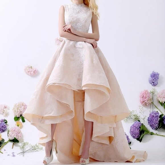 Champagne Lace Wedding Prom Elegant Dress High Low German Designer Size 10 - Picture 2 of 11